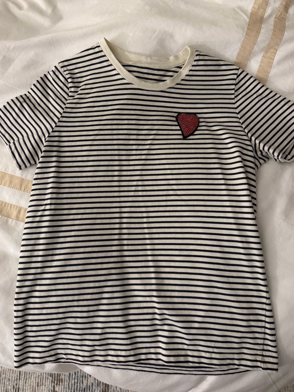 Maje Striped Black & White Heart Patch Tee